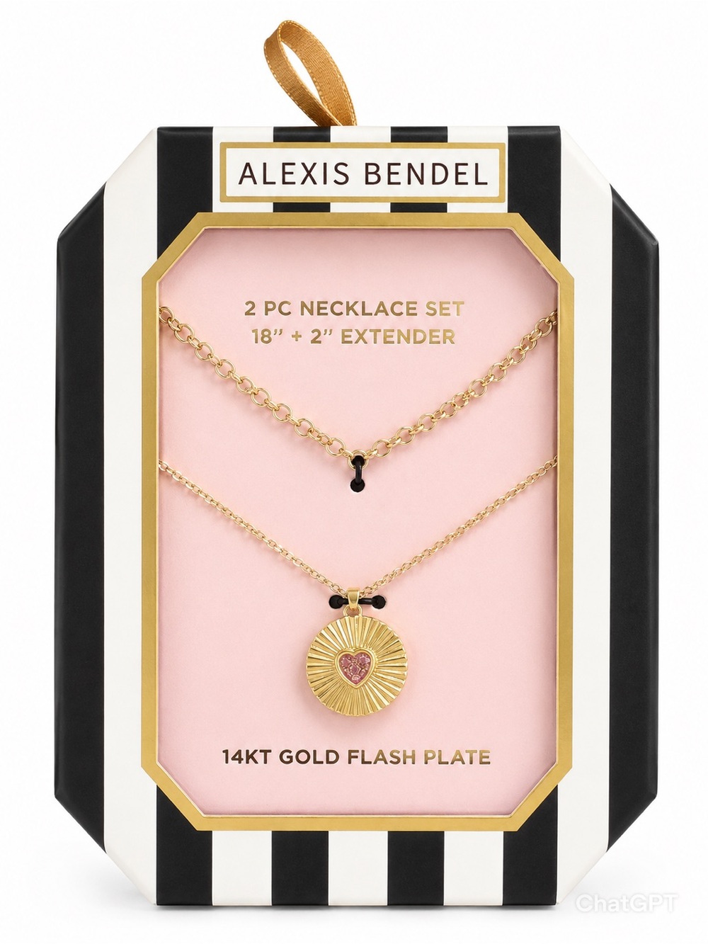 Alexis Bendel 14k Gold Plated 2-Piece Necklace Set with Pink Heart Medallion